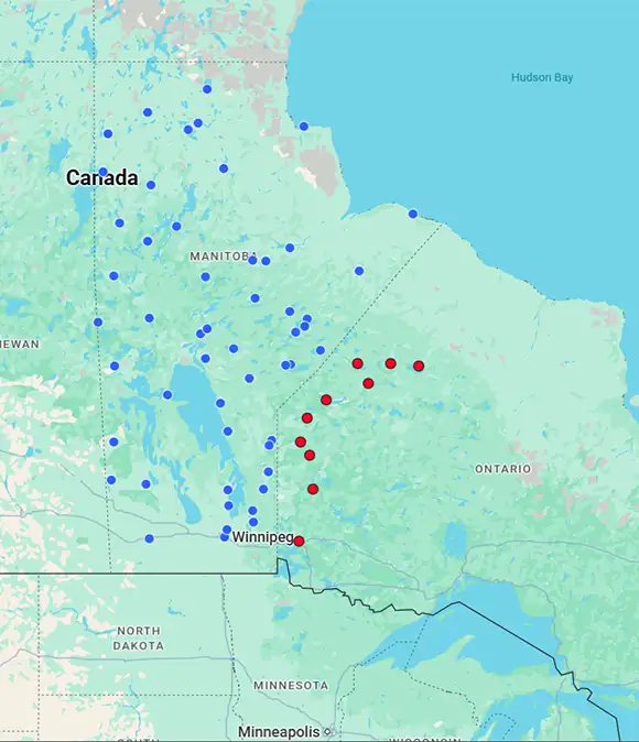 Static map showing charter flight destinations throughout Manitoba